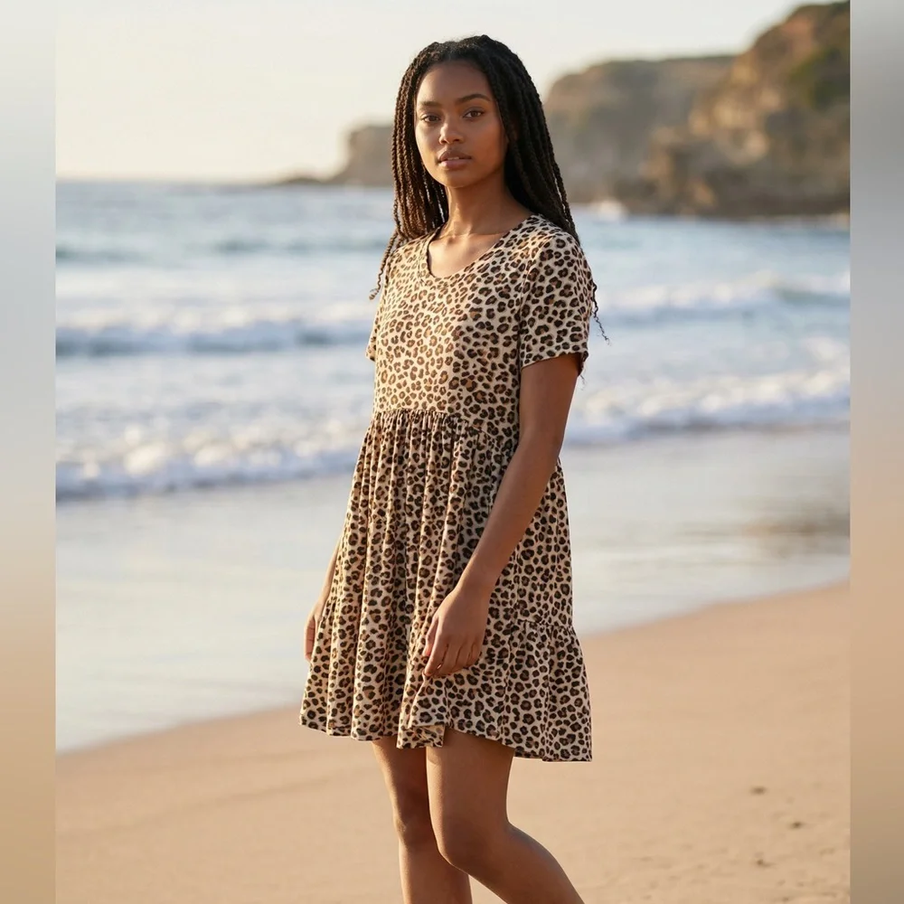 Leopard Print Short Sleeve Midi Dress - Beige/Black - Picture 2 of 11